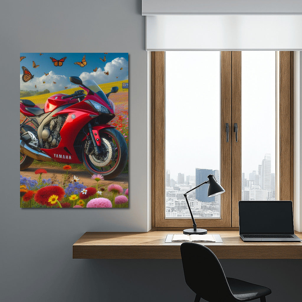 Yamaha in Flower Field: Dynamics and Nature with Fluttering Butterflies