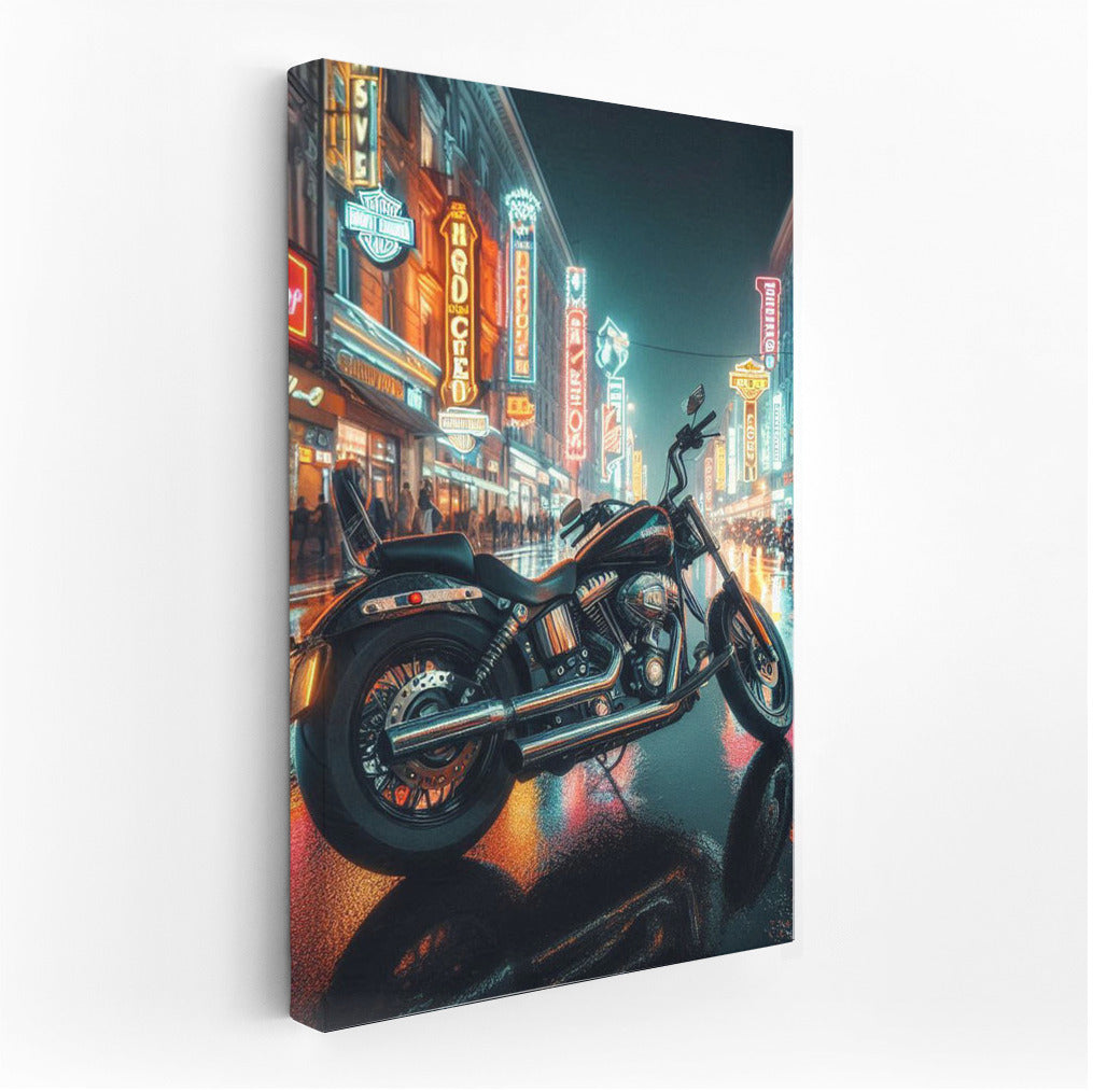 Neon Night with Harley Davidson: City Streets in the Light of Headlights