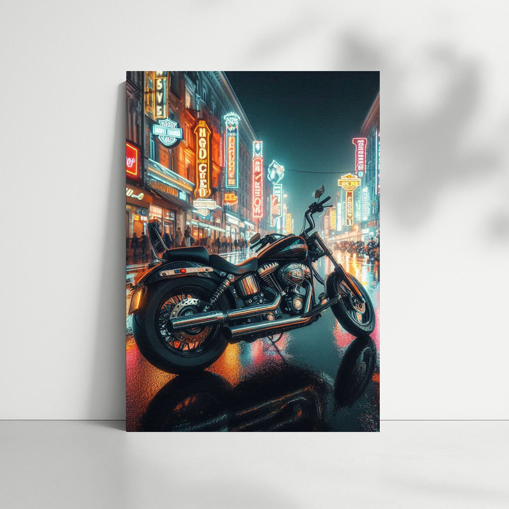 Neon Night with Harley Davidson: City Streets in the Light of Headlights