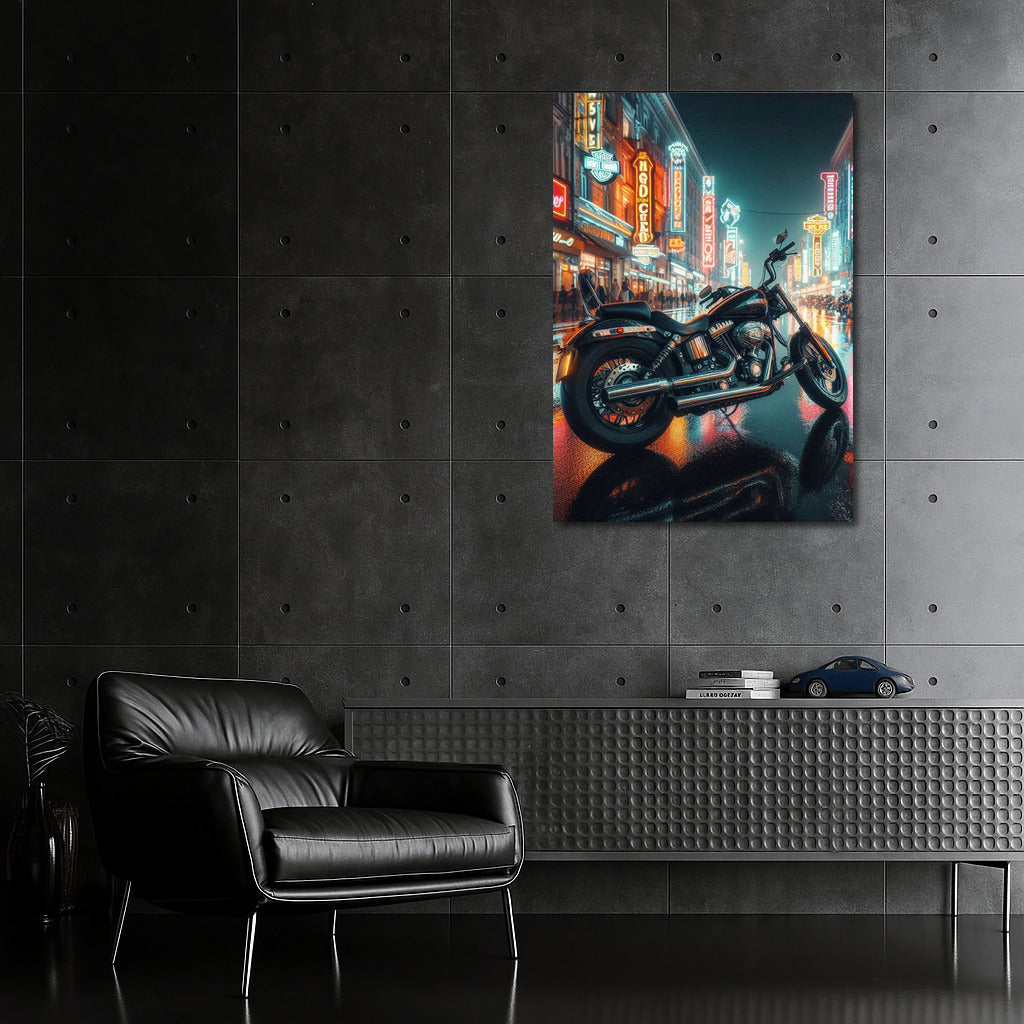 Neon Night with Harley Davidson: City Streets in the Light of Headlights