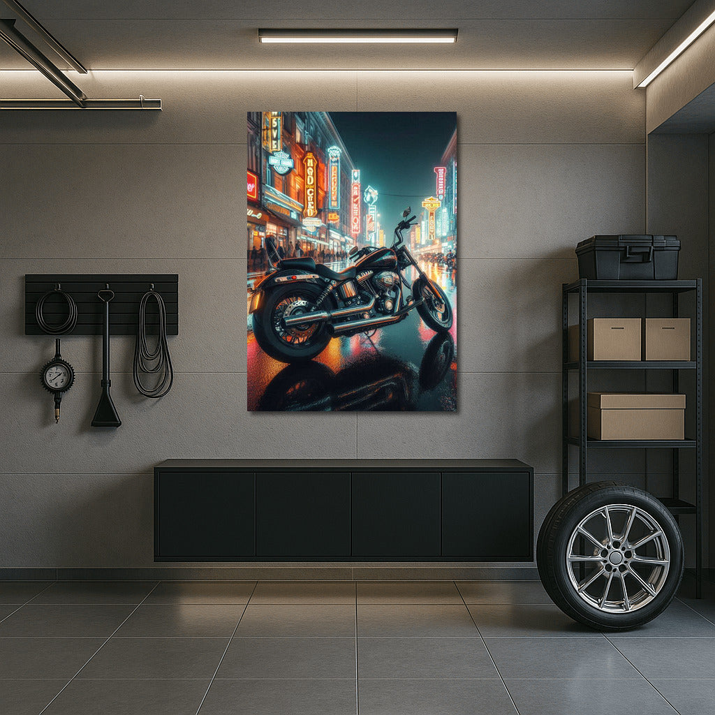 Neon Night with Harley Davidson: City Streets in the Light of Headlights