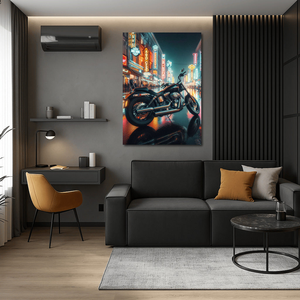 Neon Night with Harley Davidson: City Streets in the Light of Headlights
