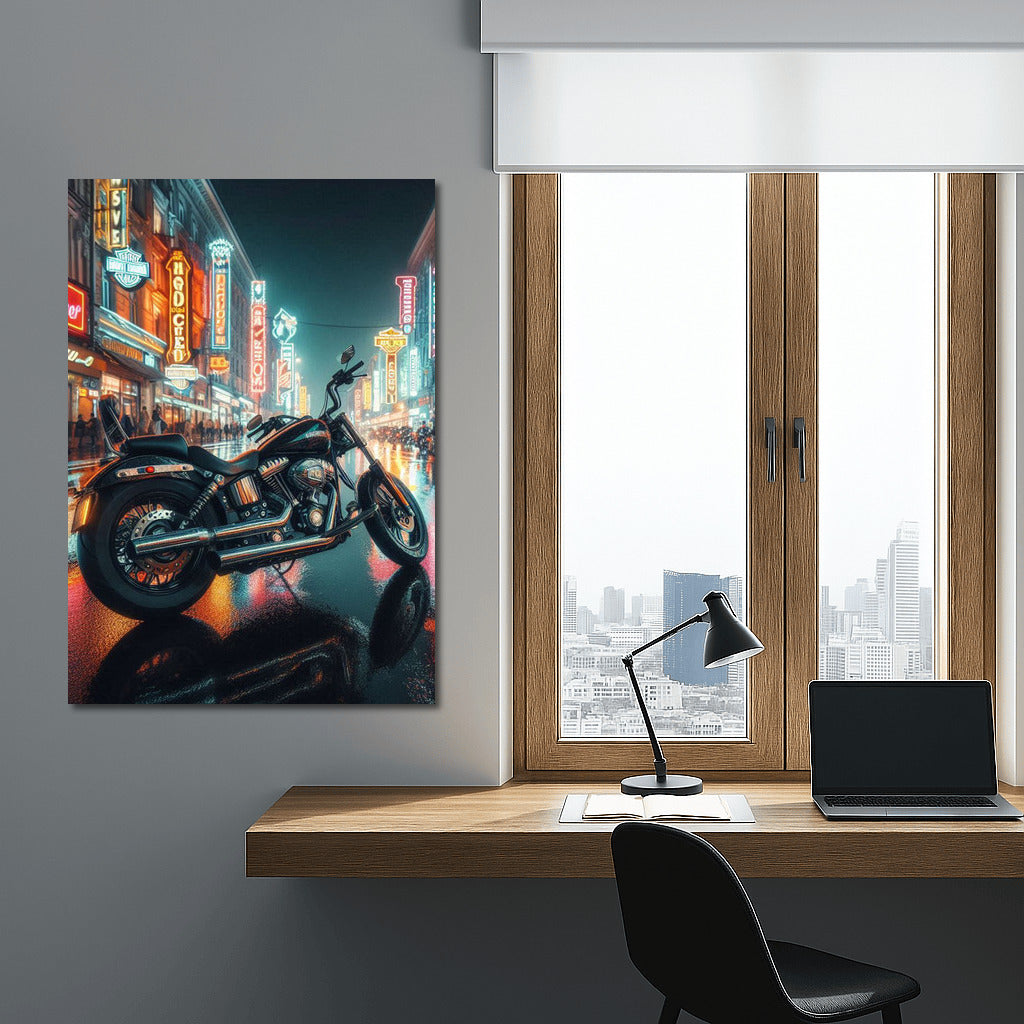 Neon Night with Harley Davidson: City Streets in the Light of Headlights