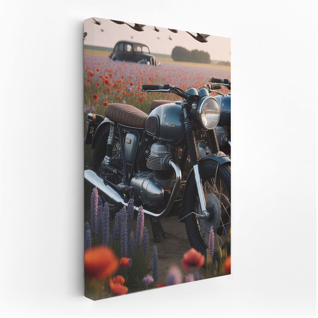 Romance at speed: Moto Guzzi in a flower field