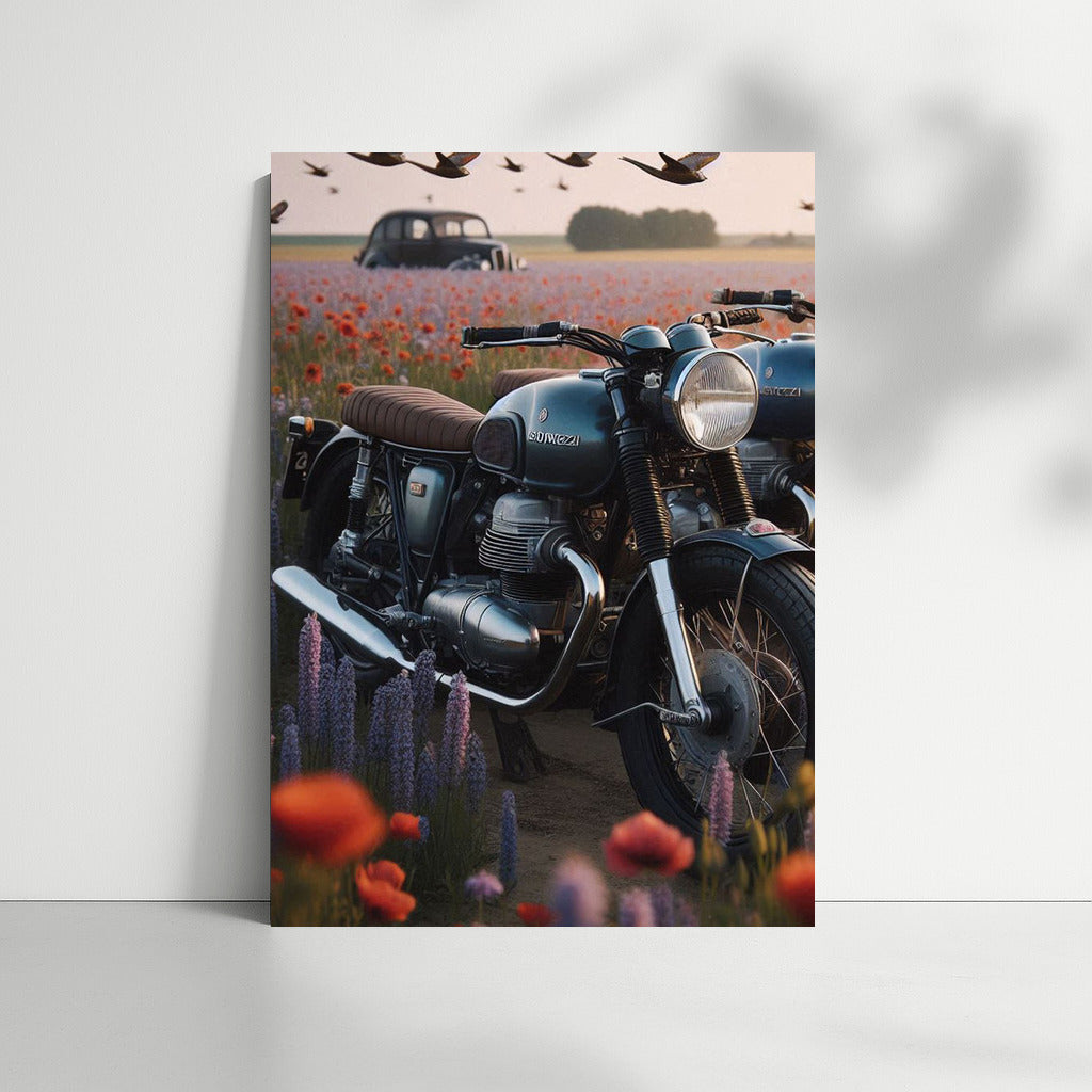 Romance at speed: Moto Guzzi in a flower field
