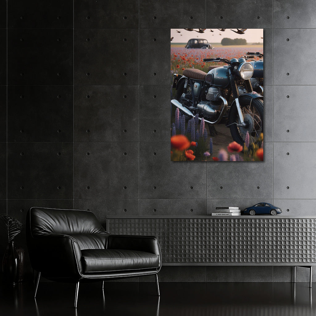 Romance at speed: Moto Guzzi in a flower field