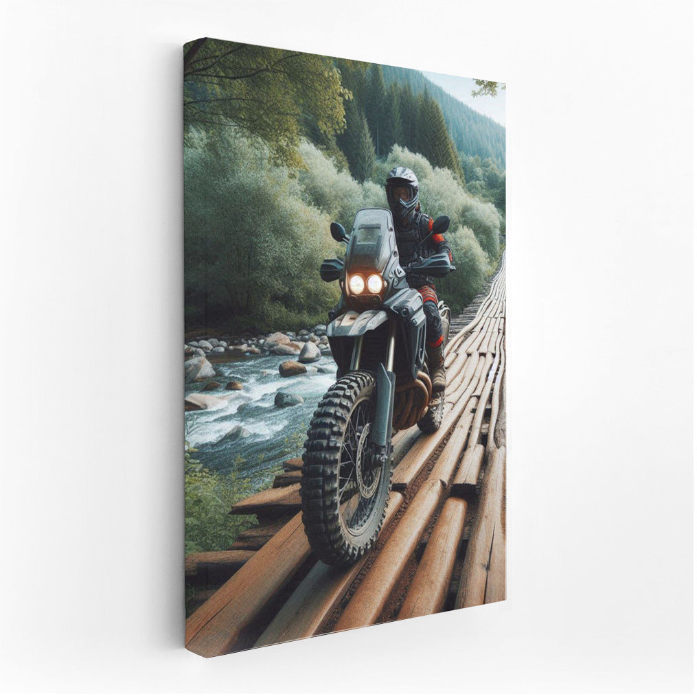 Daring Motorcycle on Wooden Bridge: Adventure in Picturesque Nature