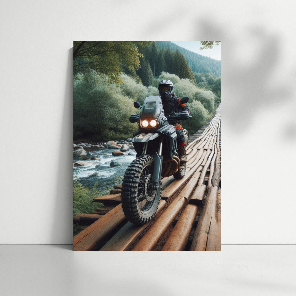 Daring Motorcycle on Wooden Bridge: Adventure in Picturesque Nature