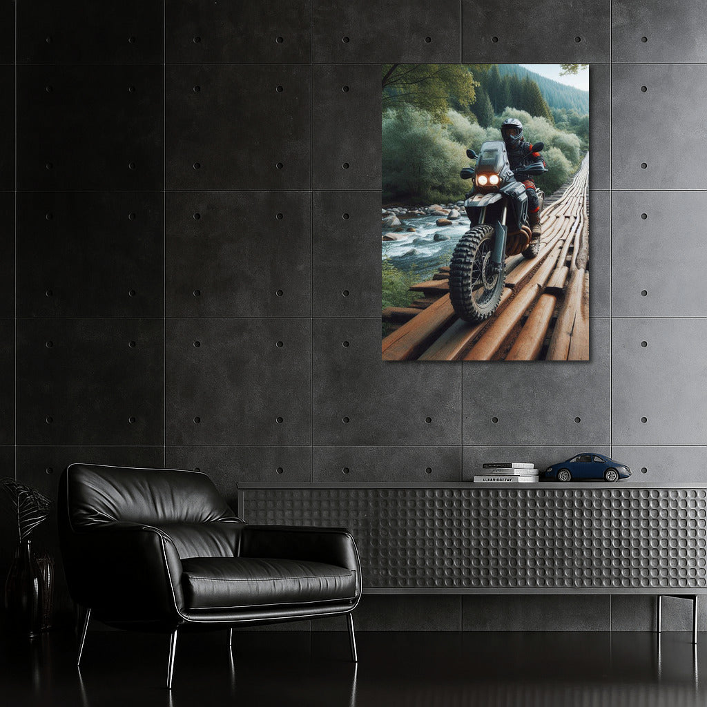 Daring Motorcycle on Wooden Bridge: Adventure in Picturesque Nature