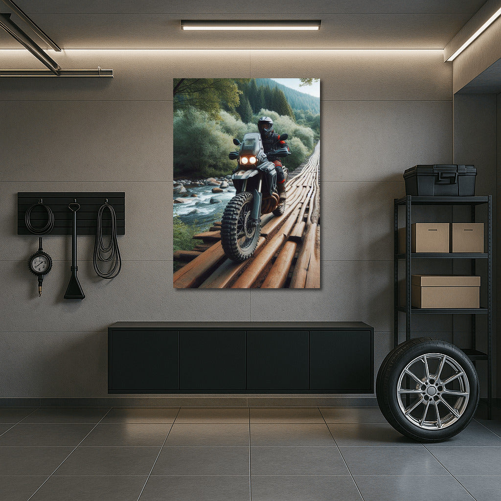Daring Motorcycle on Wooden Bridge: Adventure in Picturesque Nature