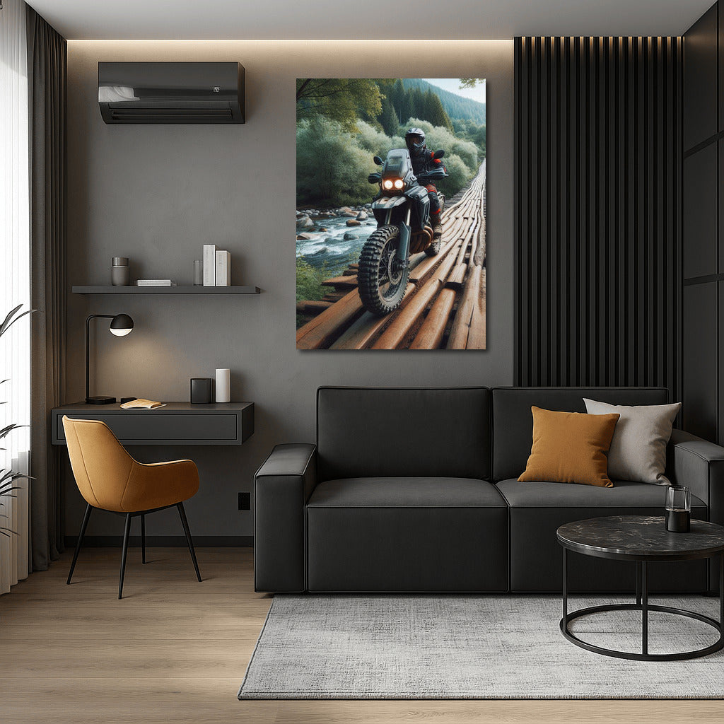 Daring Motorcycle on Wooden Bridge: Adventure in Picturesque Nature