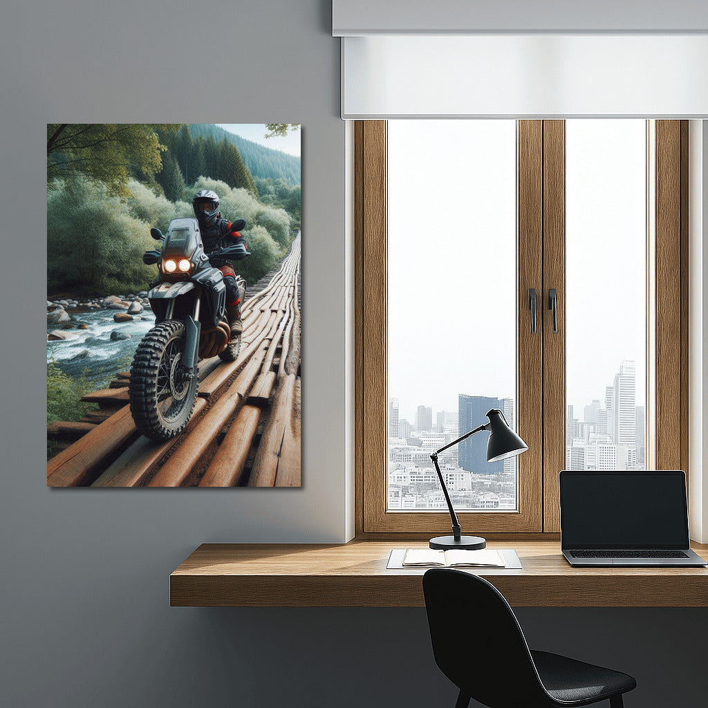 Daring Motorcycle on Wooden Bridge: Adventure in Picturesque Nature