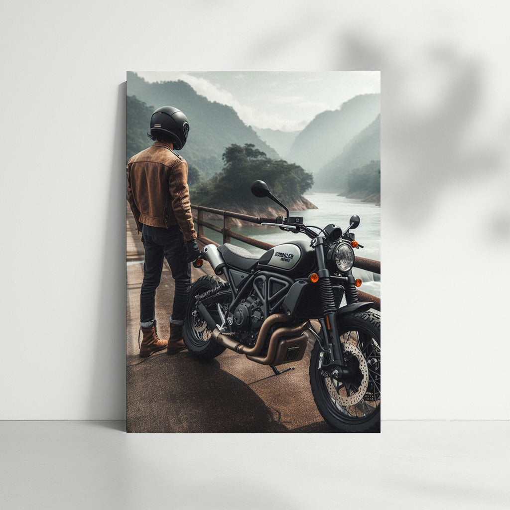 Freedom on Wheels: Scrambler on the Bridge between Mountains and River