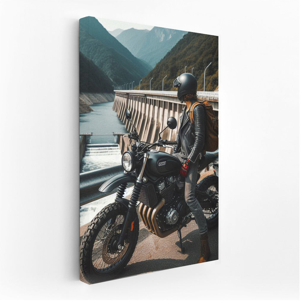 Biker on Scrambler at the Dam: Freedom and Adventure in the Landscape