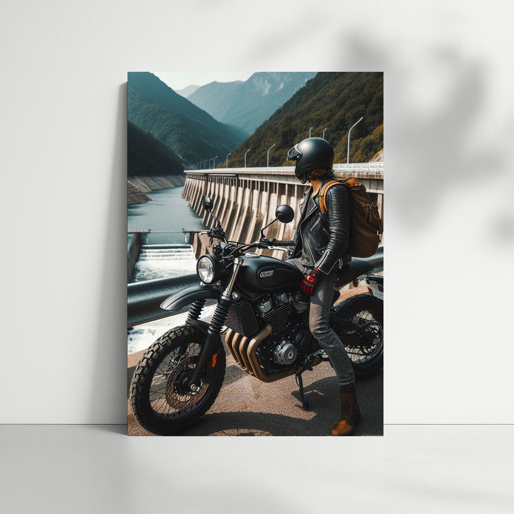 Biker on Scrambler at the Dam: Freedom and Adventure in the Landscape