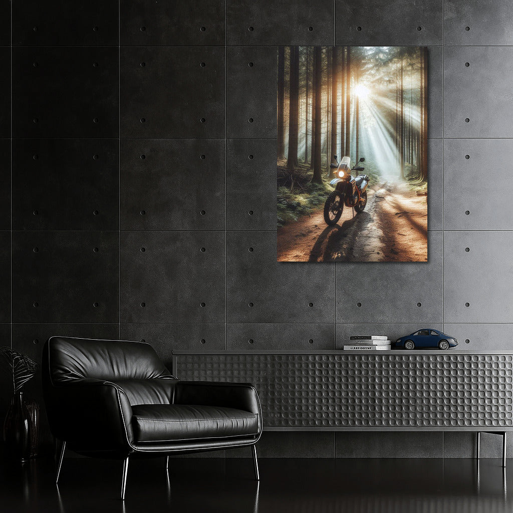 Scrambler on the Forest Trail: Sunbeams Through the Trees