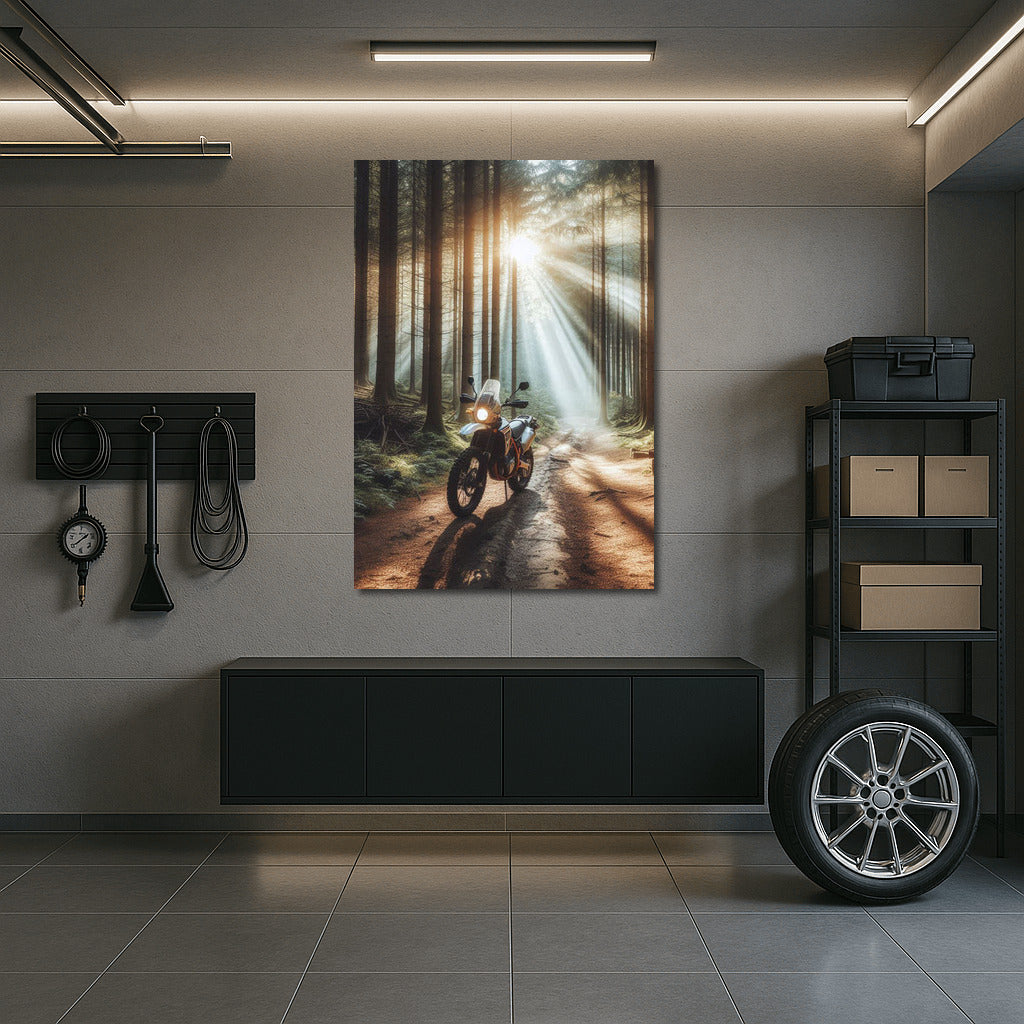 Scrambler on the Forest Trail: Sunbeams Through the Trees