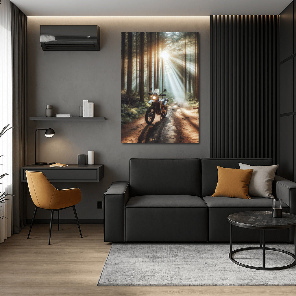 Scrambler on the Forest Trail: Sunbeams Through the Trees