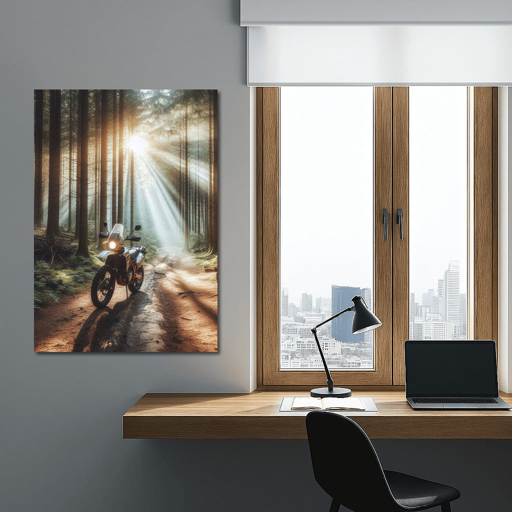 Scrambler on the Forest Trail: Sunbeams Through the Trees