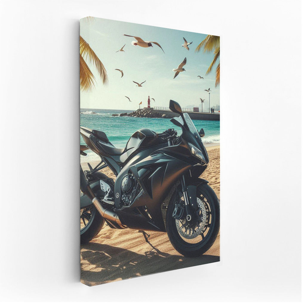 Black Sportbike on the Beach: Energy of Speed and Freedom