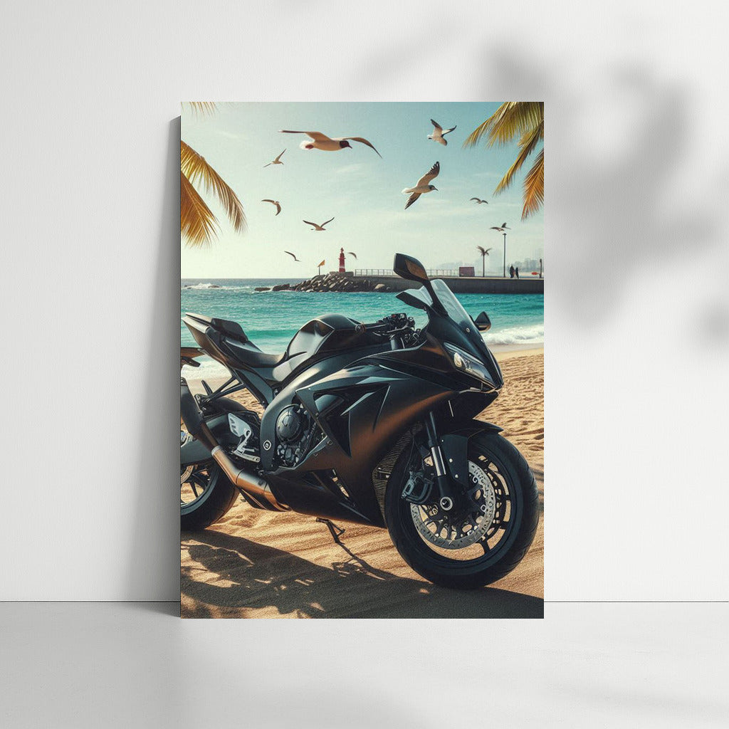 Black Sportbike on the Beach: Energy of Speed and Freedom