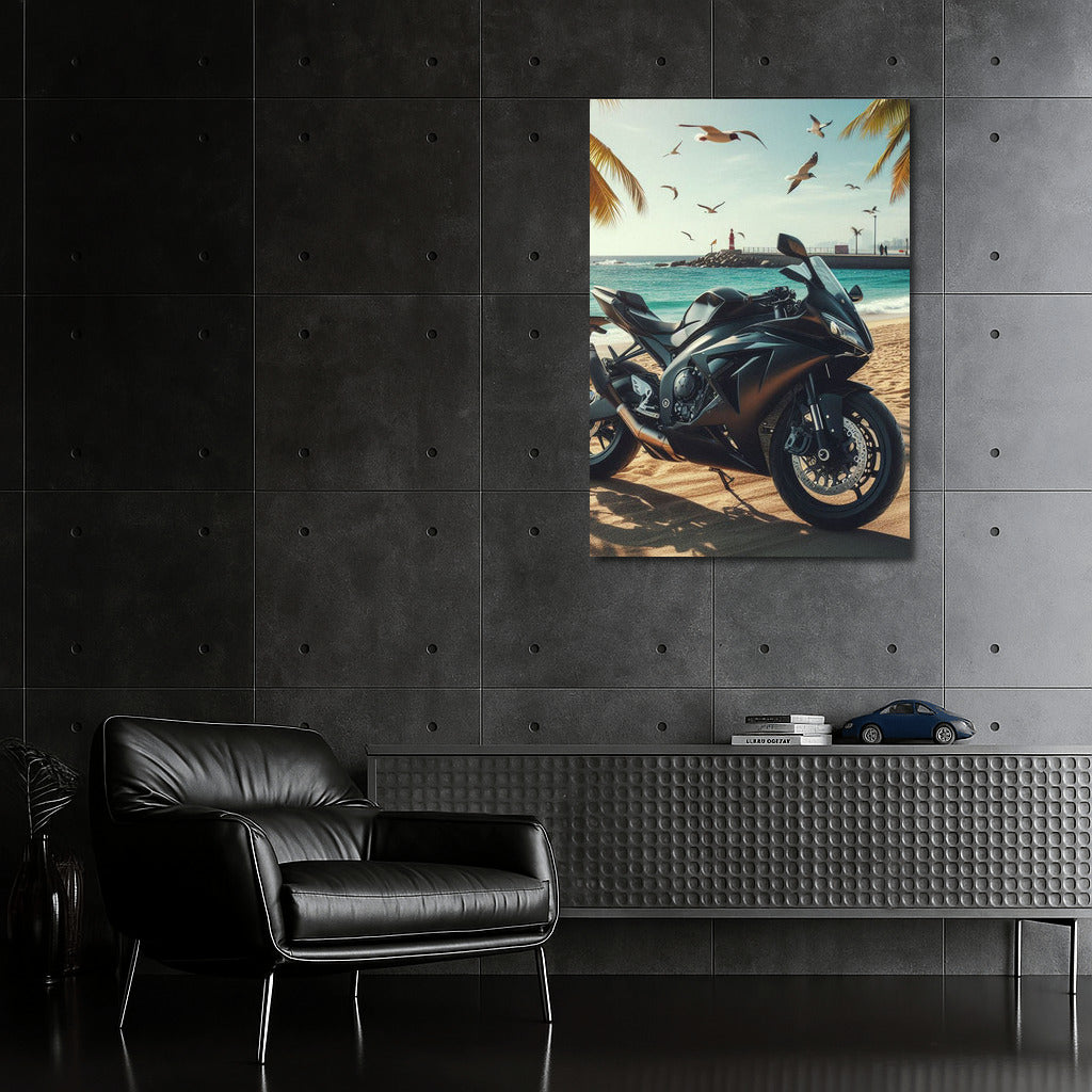 Black Sportbike on the Beach: Energy of Speed and Freedom