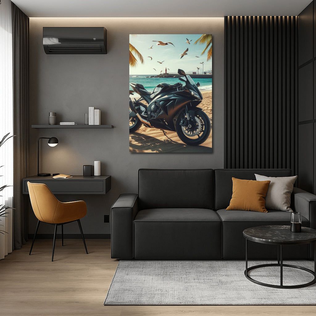 Black Sportbike on the Beach: Energy of Speed and Freedom