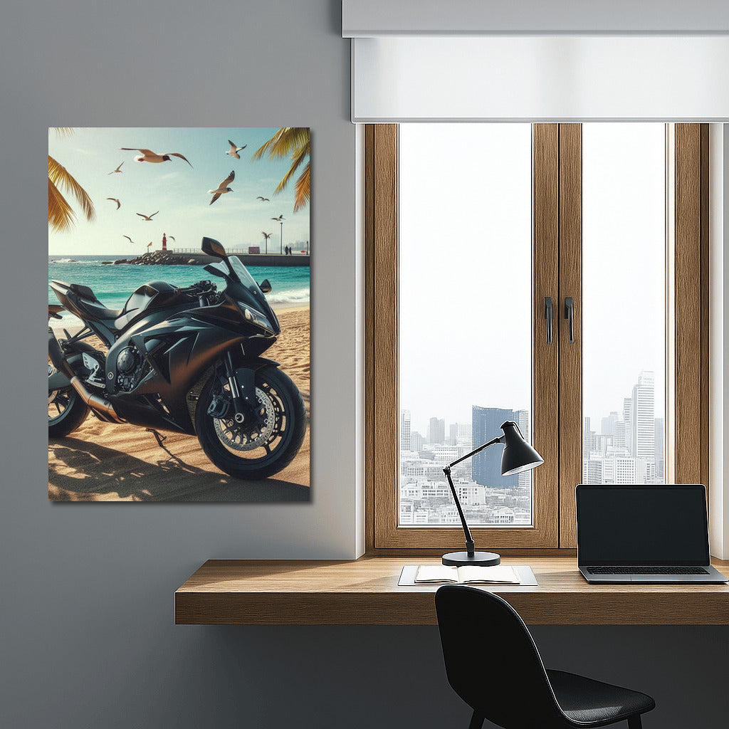 Black Sportbike on the Beach: Energy of Speed and Freedom