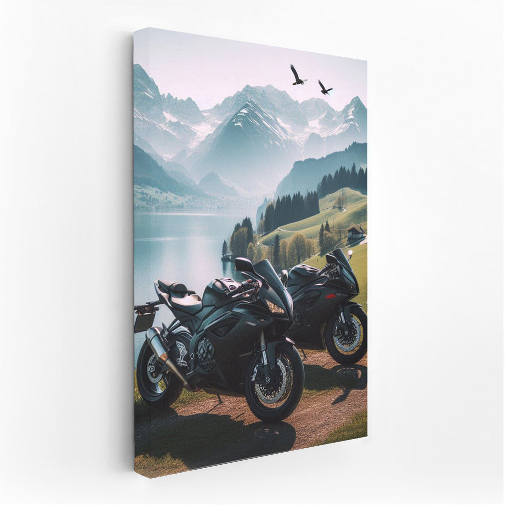 Speed and Majesty: Sport Bikes at the Mountain Lake