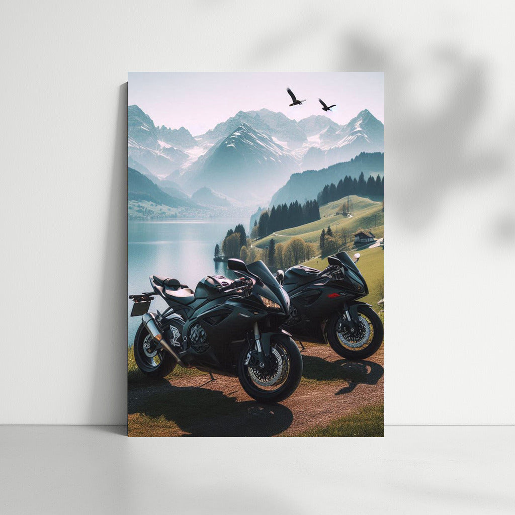 Speed and Majesty: Sport Bikes at the Mountain Lake