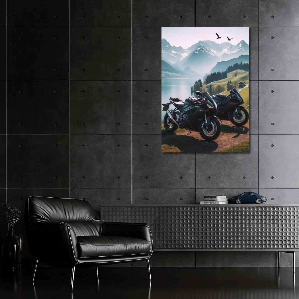 Speed and Majesty: Sport Bikes at the Mountain Lake