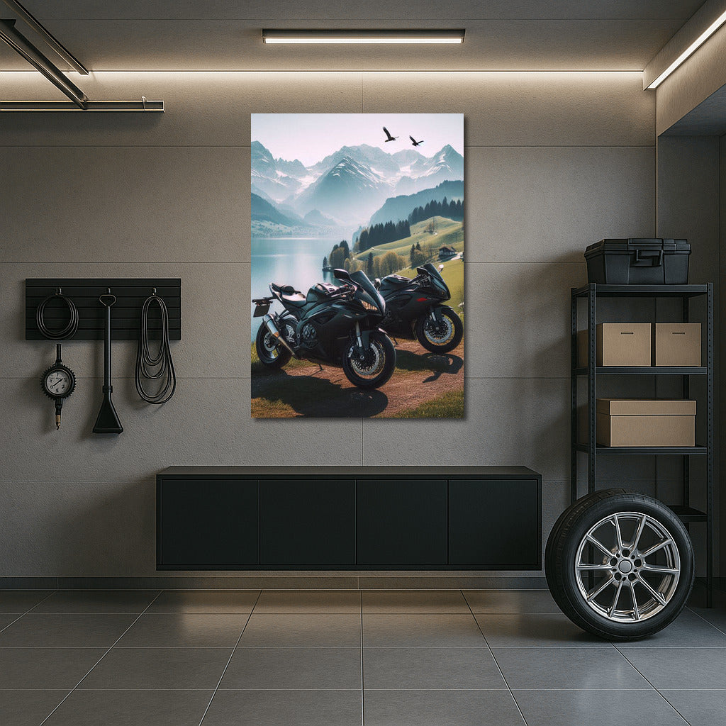 Speed and Majesty: Sport Bikes at the Mountain Lake