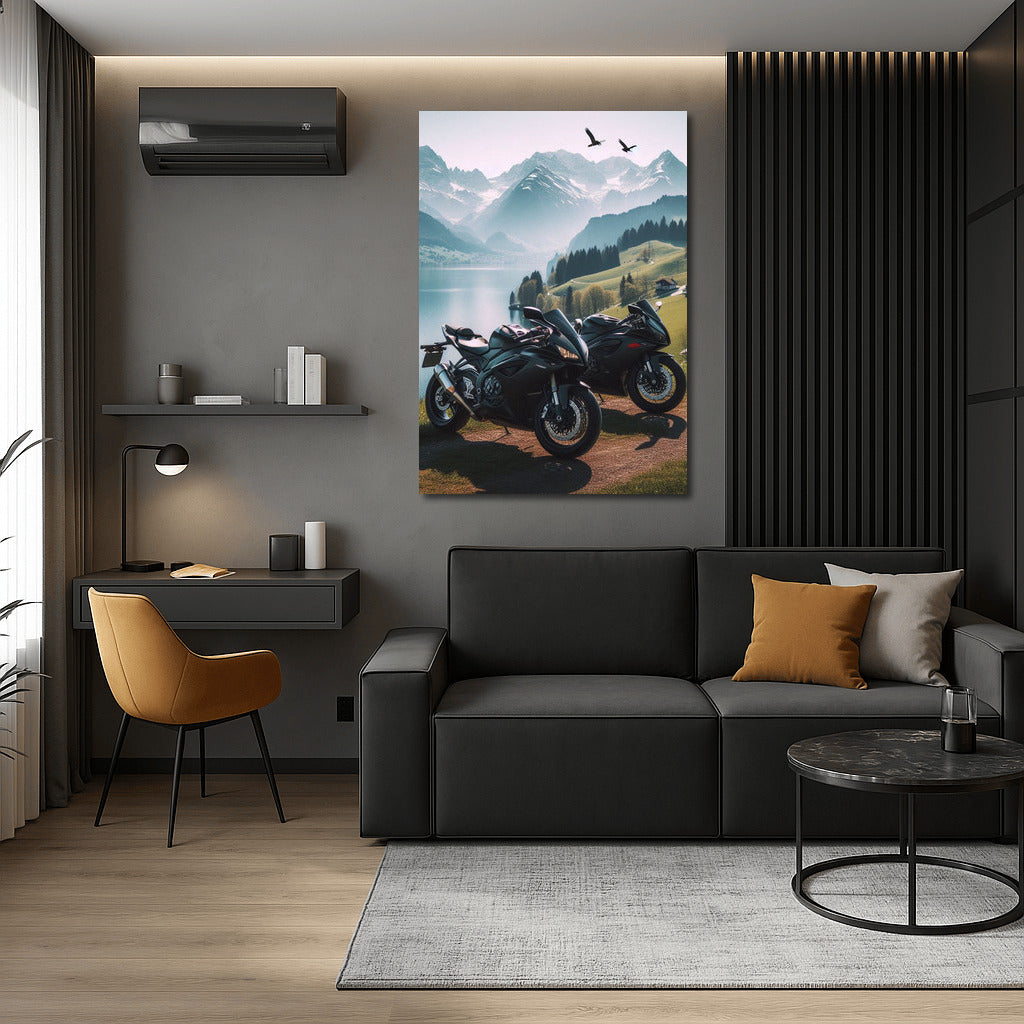 Speed and Majesty: Sport Bikes at the Mountain Lake