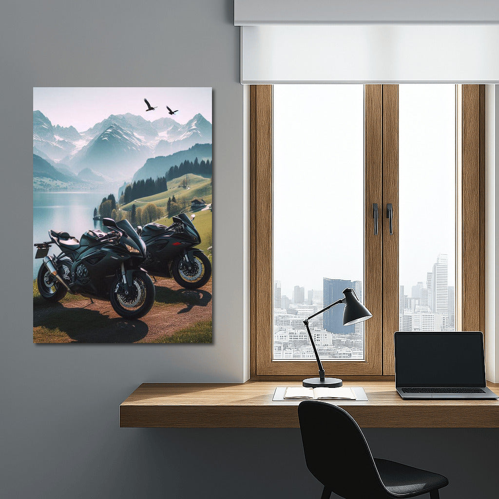 Speed and Majesty: Sport Bikes at the Mountain Lake