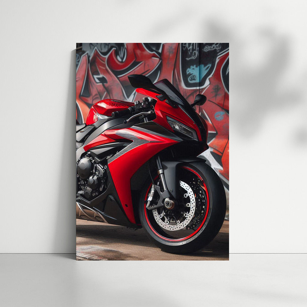 A bright sports bike against a graffiti background: speed and style in the urban jungle