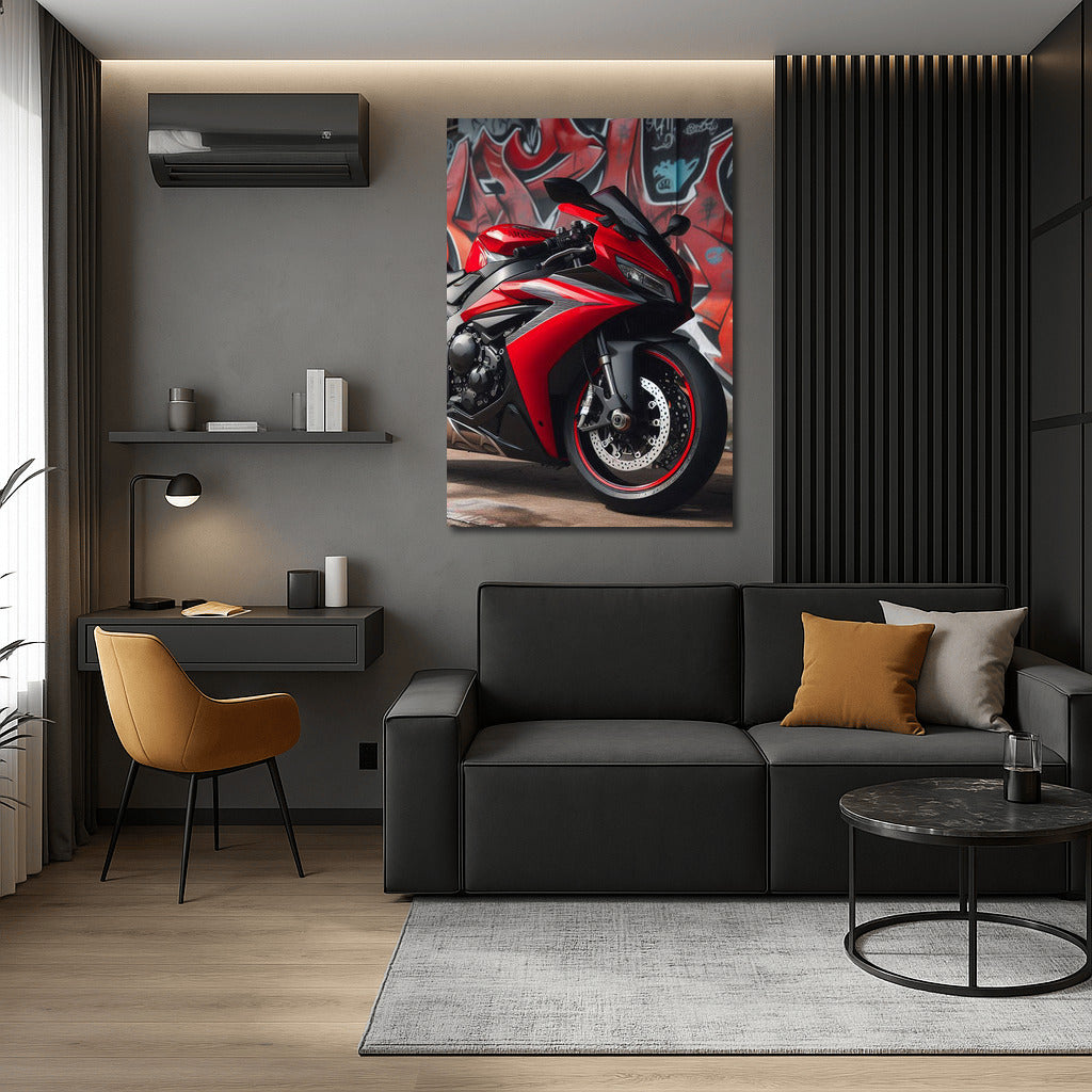 A bright sports bike against a graffiti background: speed and style in the urban jungle