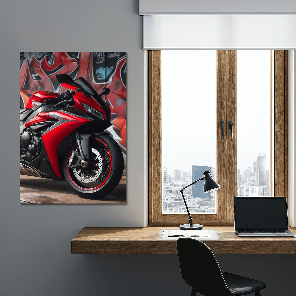 A bright sports bike against a graffiti background: speed and style in the urban jungle