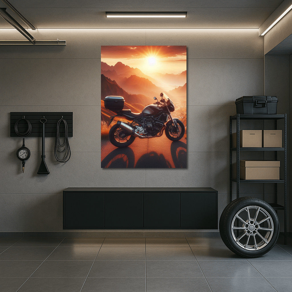 Sunset Journey: Touring Motorcycle on a Mountain Road