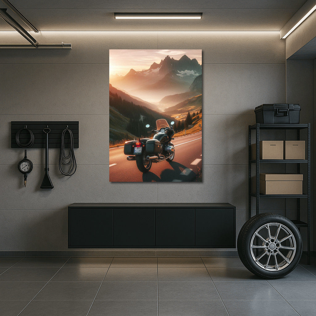 Sunset Journey: Touring Motorcycle on Mountain Road