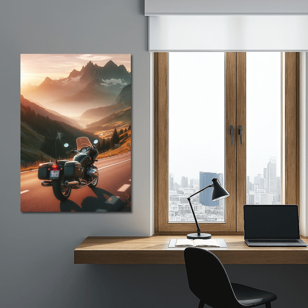 Sunset Journey: Touring Motorcycle on Mountain Road