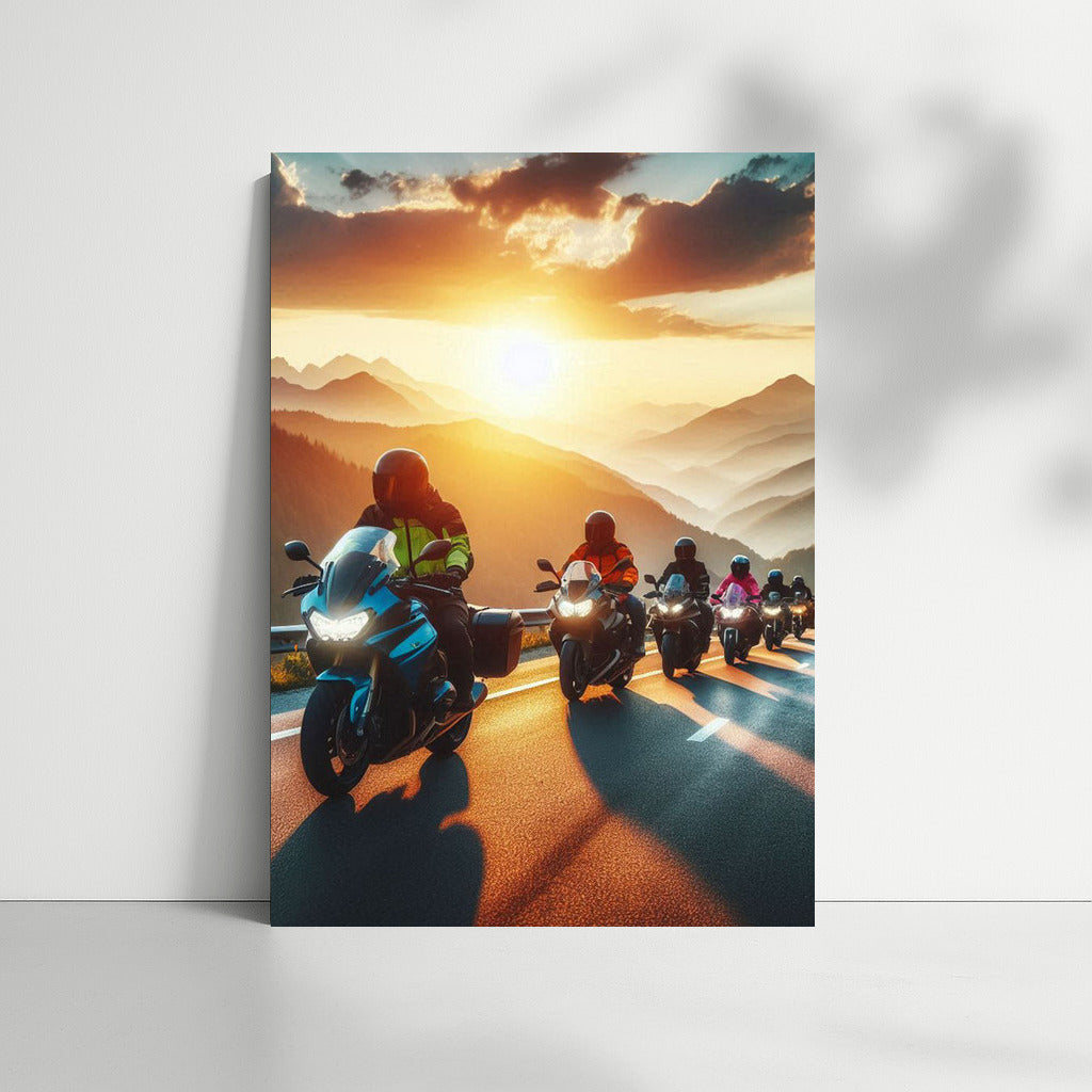 Sunset Journey: Touring Motorcycles Against a Mountain Backdrop