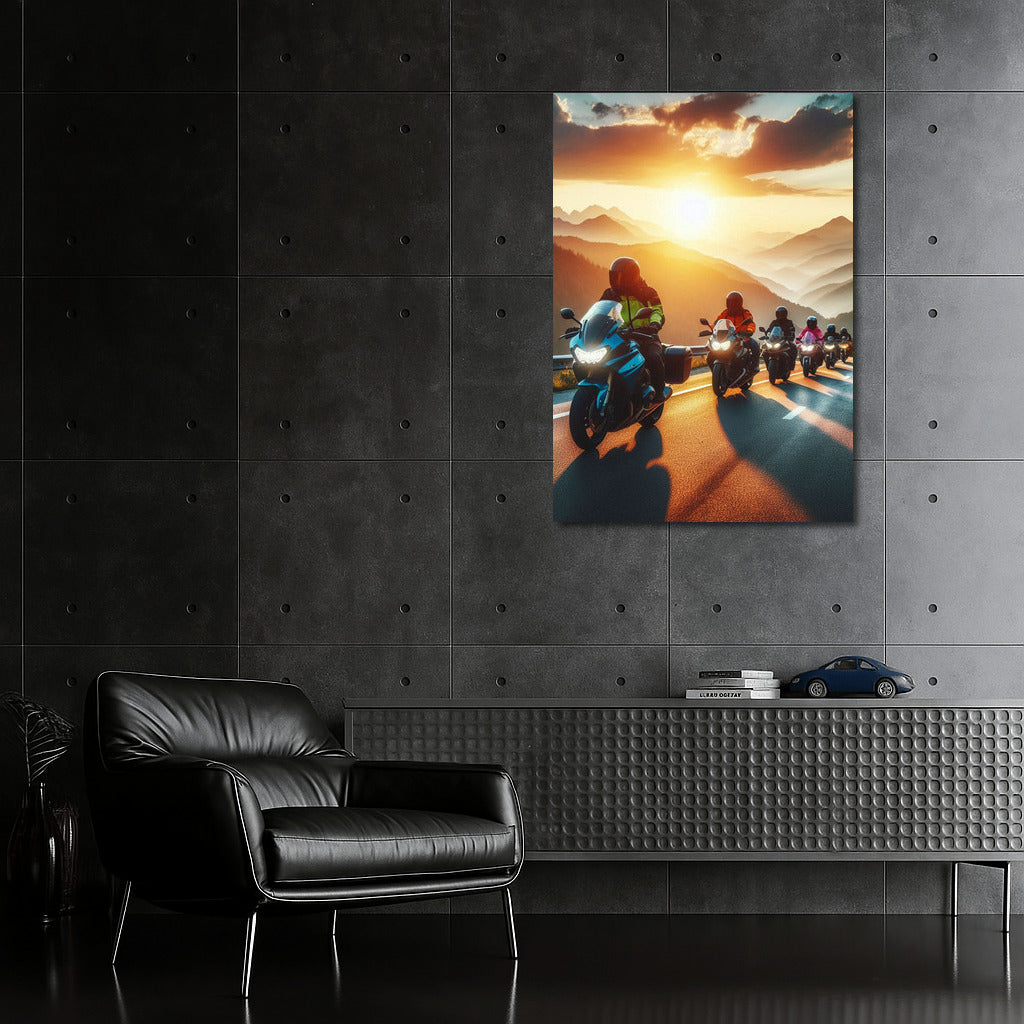 Sunset Journey: Touring Motorcycles Against a Mountain Backdrop