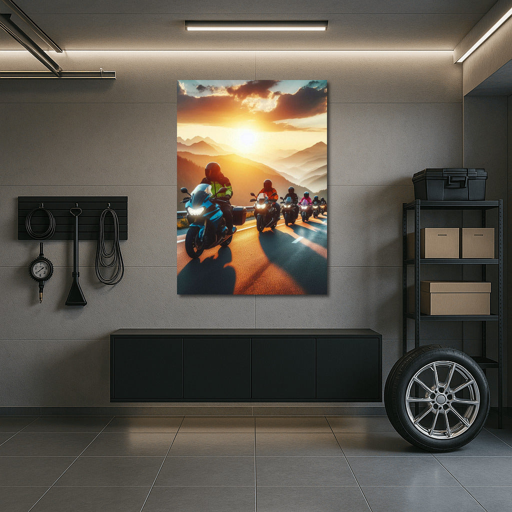 Sunset Journey: Touring Motorcycles Against a Mountain Backdrop