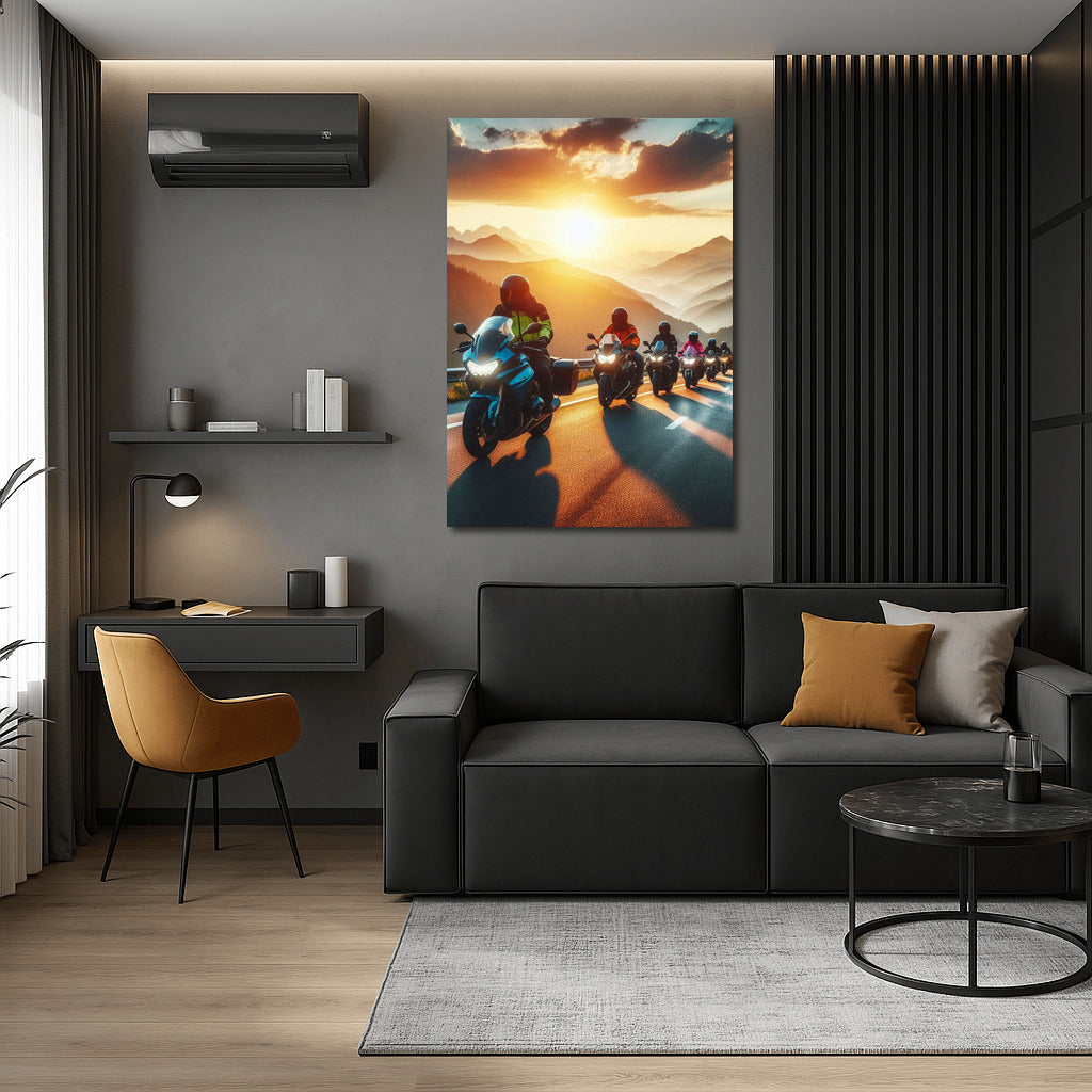 Sunset Journey: Touring Motorcycles Against a Mountain Backdrop