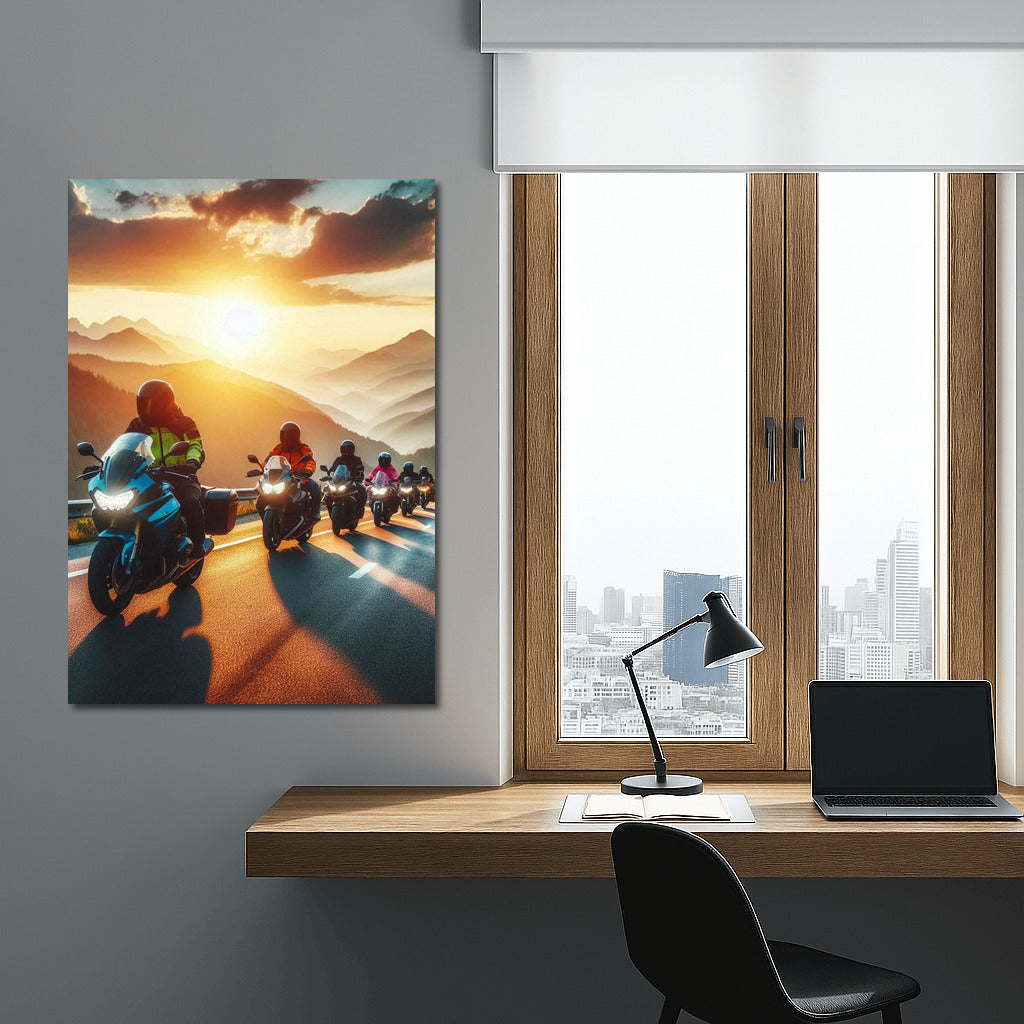 Sunset Journey: Touring Motorcycles Against a Mountain Backdrop