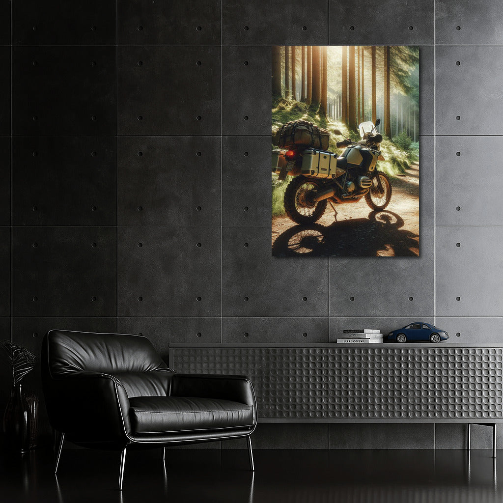 Touring motorcycle on a forest trail: Freedom under the treetops