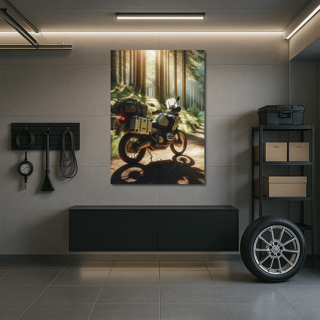 Touring motorcycle on a forest trail: Freedom under the treetops