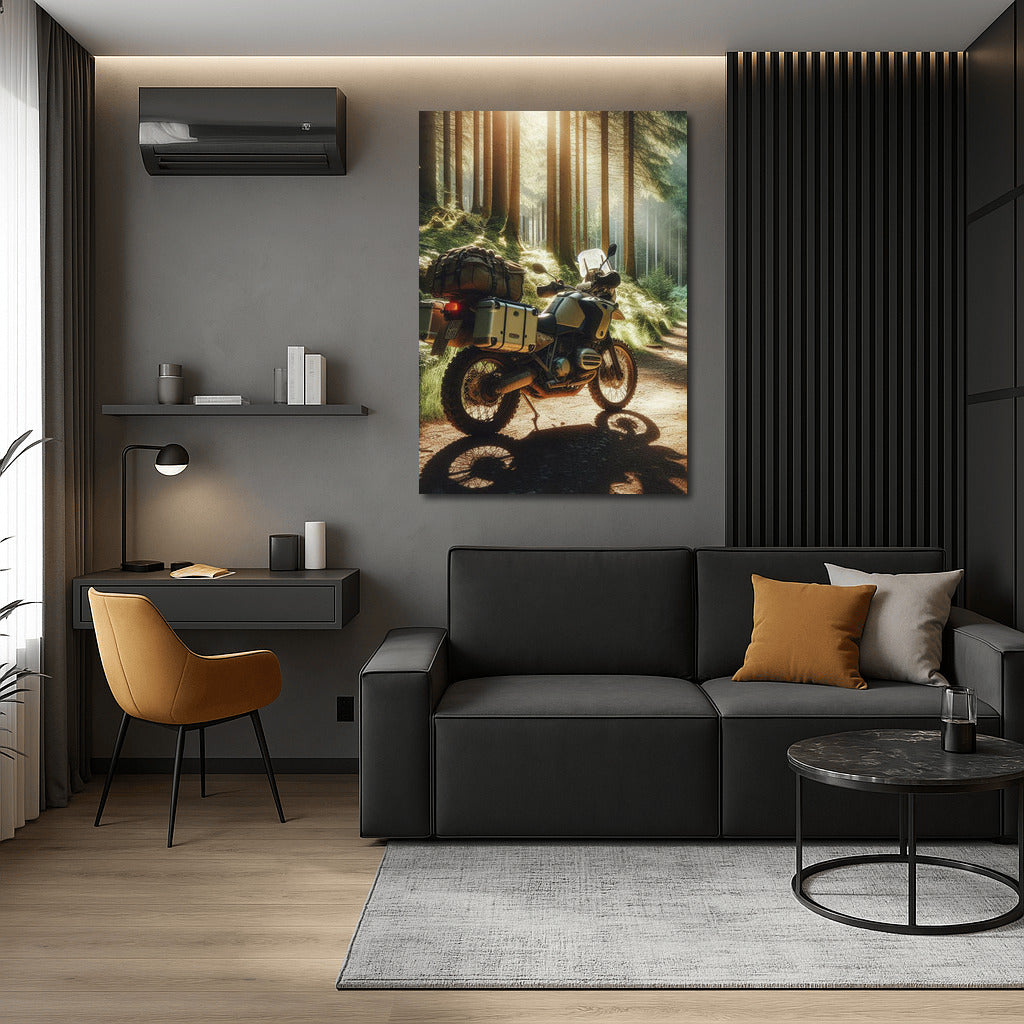 Touring motorcycle on a forest trail: Freedom under the treetops