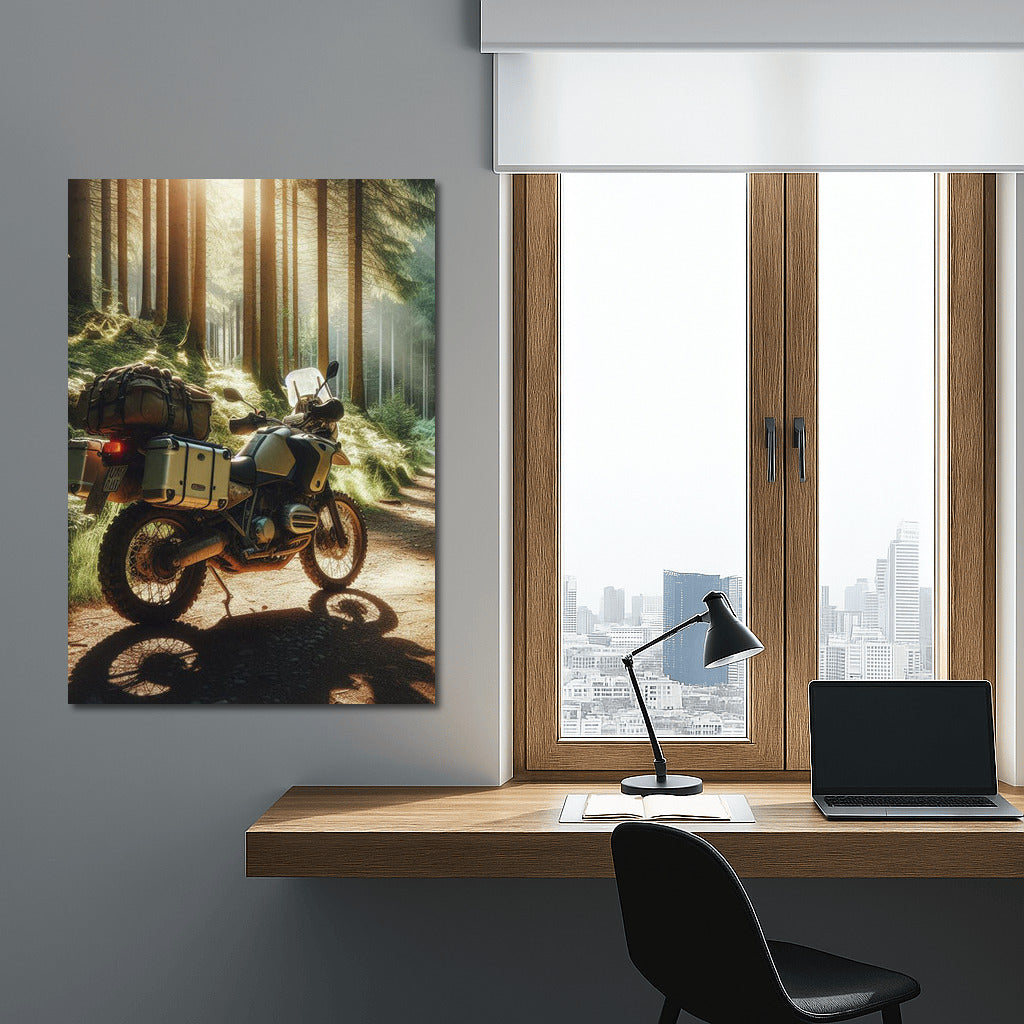 Touring motorcycle on a forest trail: Freedom under the treetops