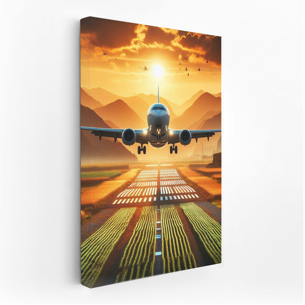 Sunset Flight of Agricultural Airplane over Golden Fields